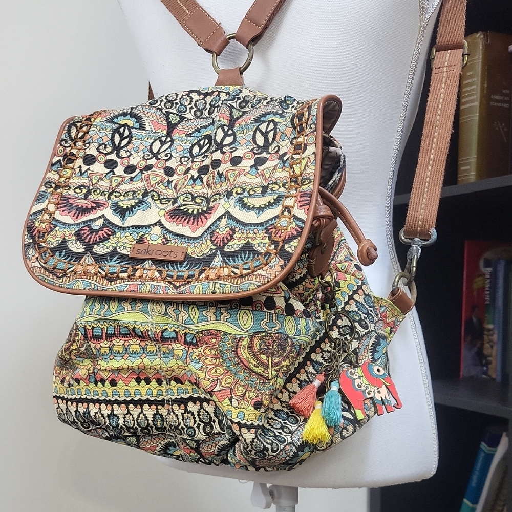SAKROOT Blue Orange Boho Convertible Drawstrimg Backpack Elephant Tassel Key Fob
